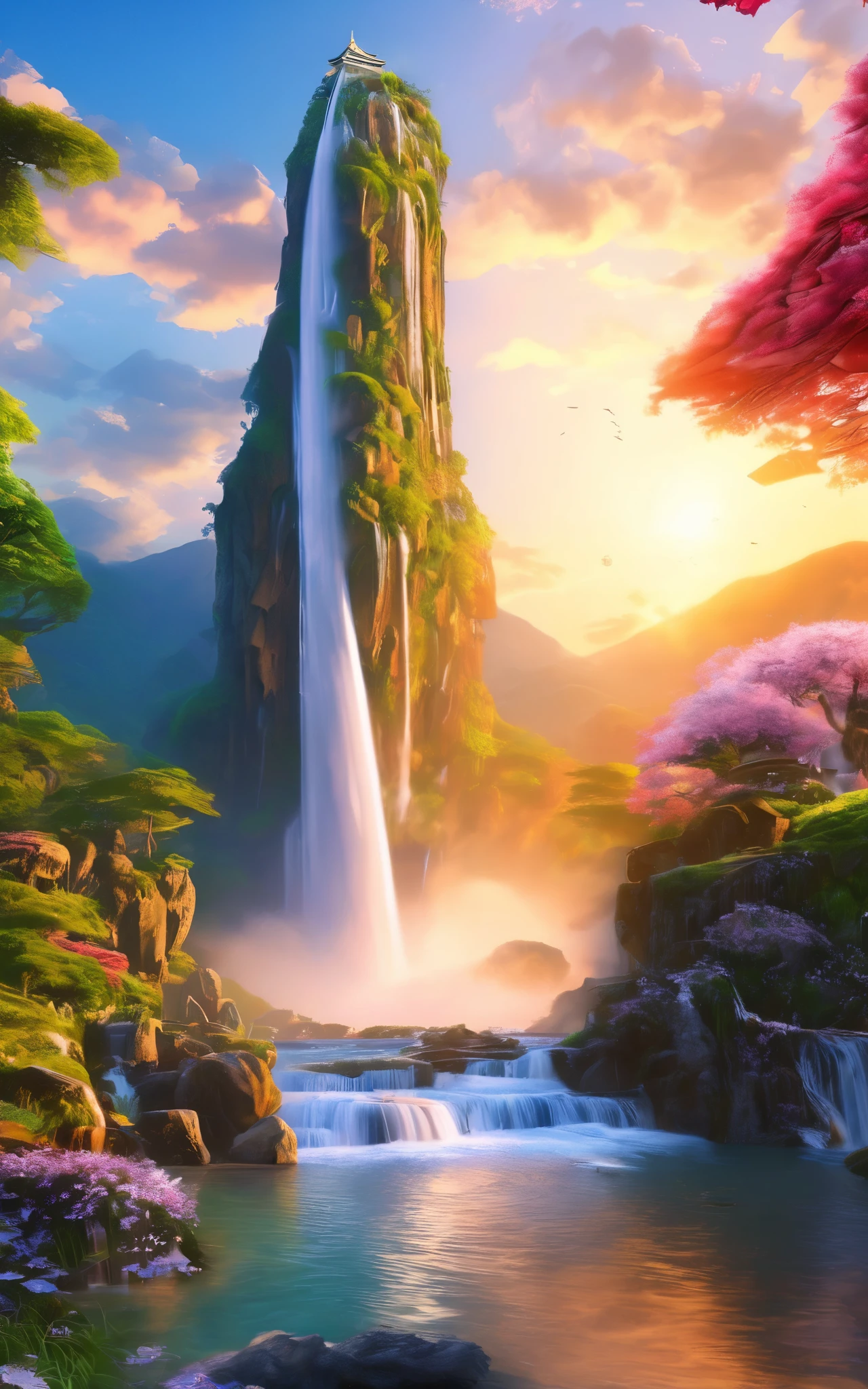 (highest quality,masterpiece, Complex,Very detailed,Realistic,RAW Photos,8K Ultra HD,Ultra-high resolution,photoRealistic style,Movie Scenes, Sharp focus,Dramatic lighting,Very detailed CG ユニティ壁紙) ,Siu,Tower and waterfall,sunrise,