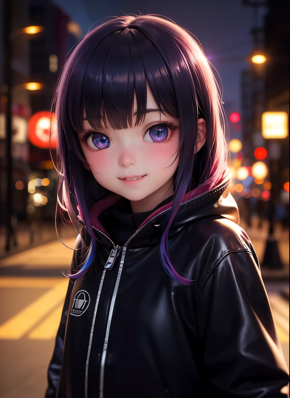 chef-d&#39;œuvre, la plus haute qualité, demi-corps, Portrait, Ville de nuit, Une fille, animé, 3D, Japon, Pixar, Réaliste, adolescente, sourire, visage mignon, style de mode harajuku, imperméable, Beau, Coloré, Néon, cyberpunk, lisse skin, chiffre, Station artistique, Peinture d&#39;art Stanley par Jarm Lau, Regard de côté, Sténographie, 8K extrêmement détaillé, lisse, haute résolution, super haute qualité, Yeux très détaillés, Bouche très détaillée, Visage très détaillé, yeux parfaits, les deux yeux sont identiques, Vraie Lumière, éblouissement, Iridescent, Illumination globale, vrai mouvement des cheveux, Une vraie lumière, véritable ombre, Vrai visage, HD, 2k, 4k, 8k, 16k, Réaliste light, Réaliste shadow, yeux pétillants, yeux fluorescents, Lumière douce, lumières de rêve