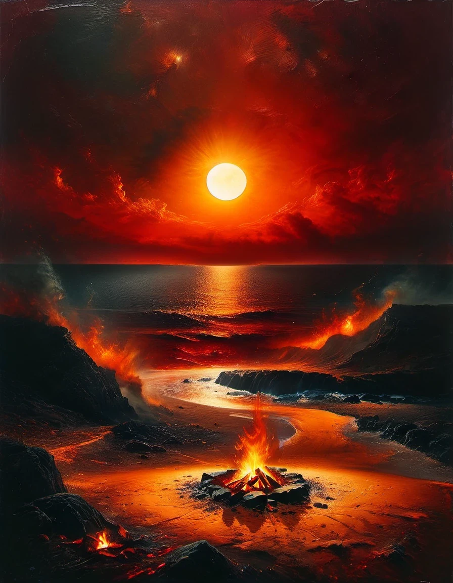 Horizon Low eclipse of the sun, Small fire just lit, night, firelight, close-up, fine quality, 32K ，warm inviting colors, campfires, seaside, wonder and awe, magical nights, National Geographic style night photography