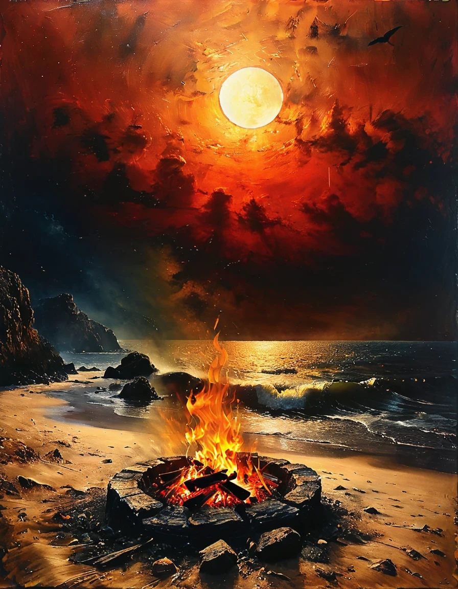  Un petit feu vient d&#39;être allumé, nuit, feu de cheminée, Fermer, belle qualité, 32k ，couleurs chaleureuses et invitantes, feux de camp, Bord de mer, émerveillement et admiration, magical nuits, National Geographic style nuit photography，Horizon Faible éclipse de soleil,