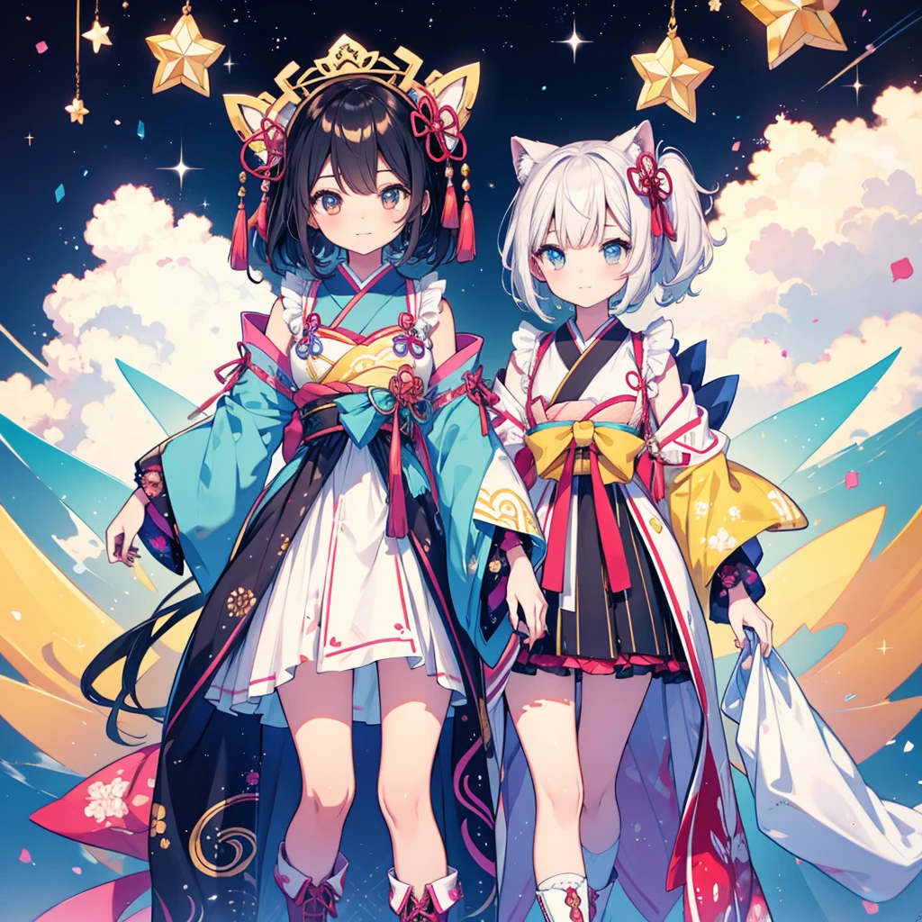 1girl、vtuber-fullbody、Star Fairy、Masterpiece、Official Art、Super detailed、super beautiful、かわいいStar Fairy、white straight short hair、Milky Way、universe、star charm、Star、Baby Face、Knee-high boots、Japanese pattern dress、A beautiful girl wearing black and white clothes that are a remake of a yukata.、universeを思わせるOiranフリルドレス、Oiran,Colorful portraits