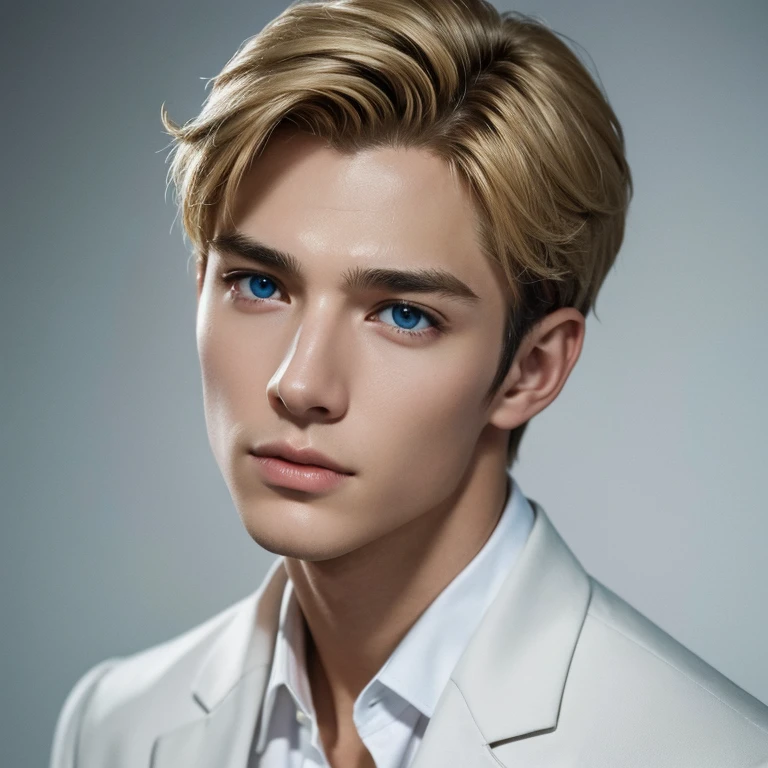 Portrait of a very handsome boy, wealthy boy, elegant suit, blue eyes, golden ratio, (high detailed skin:1.2), 8k uhd, dslr, soft lighting, high quality, film grain, Fujifilm XT3, professional lighting, handsome 1man , (thin lips:1.3), masterpiece, pale skin,(strong jaw:1), white skin, extremely pale skin, blonde boy, european boy, blonde hair, handsome supermodel, Greek profile, young greek god, sublime beauty, delicate facial features, beautiful facial features, Greek face, strong jaw, attractive boy, focus on the boy, anatomical perfection, golden ratio, commercial, perfect symmetry, facial symmetry, body symmetry, cinematographic light, ultra detailed, hyper realistic, strong jaw, beautiful eyes, award winning (portrait photo:1. 4), high quality, hyper realistic, 4k, realistic, backlighting, (shallow depth of field:1. 5), by lee jeffries nikon d850 film stock photograph 4 kodak portra 400 camera f1. 6 lens rich colors hyper realistic lifelike texture dramatic lighting unreal engine trending on artstation cinestill 800 (vignette:1. 3), filmgrain, artistic photography, perfect composition, beautiful detailed, cinematic perfect light