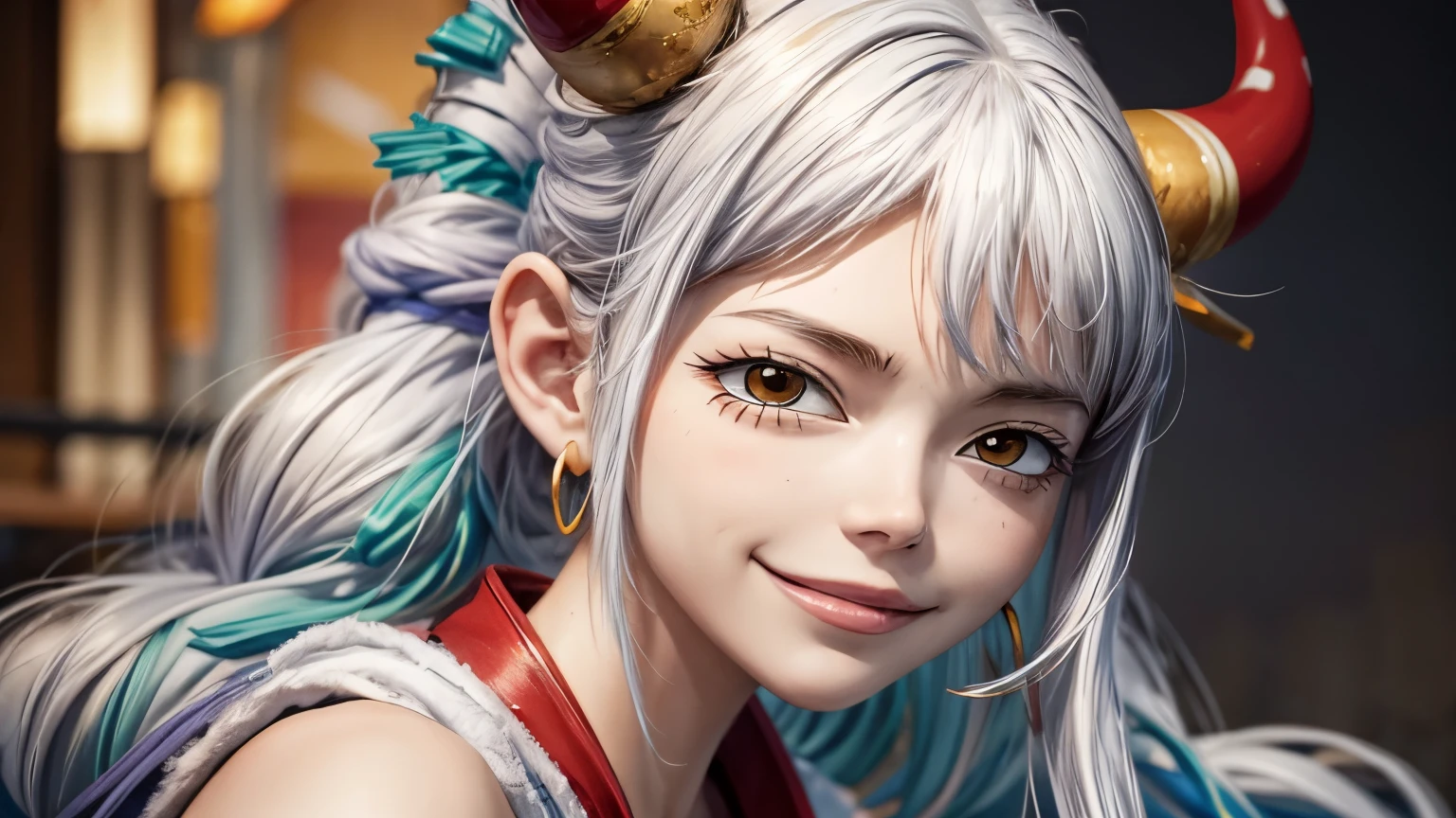 Realistic, hyper realisitc，ultra high resolution, ultra detailed, Cinematic Light, Top Quality, 8k, Masterpiece, IncrsAnyasHehFaceMeme, 1girl, grin, smug, peeking out upper body, yamato (one piece), 1girl, horns, orange eyes, white hair, japanese clothes, multicolored hair, multicolored horns, peeking out upper body