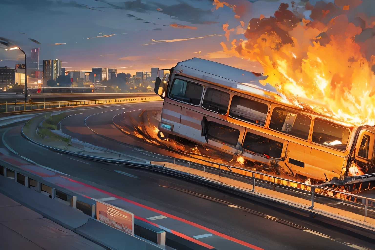高速道路, 横転したバス, 長距離バスが炎上