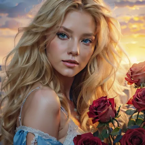 Painting of a woman with long blonde hair and blue eyes, holding a bouquet of roses., Karol Buck, Beautiful art, UHD, beautiful ...