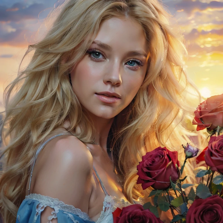 Painting of a woman with long blonde hair and blue eyes, holding a bouquet of roses., Karol Buck, Beautiful art, UHD, beautiful digital art, detailed painting 4k, beautiful gorgeous digital art, beautiful digital painting, realistic digital art, realistic digital art, gorgeous digital painting, high detailed digital art 