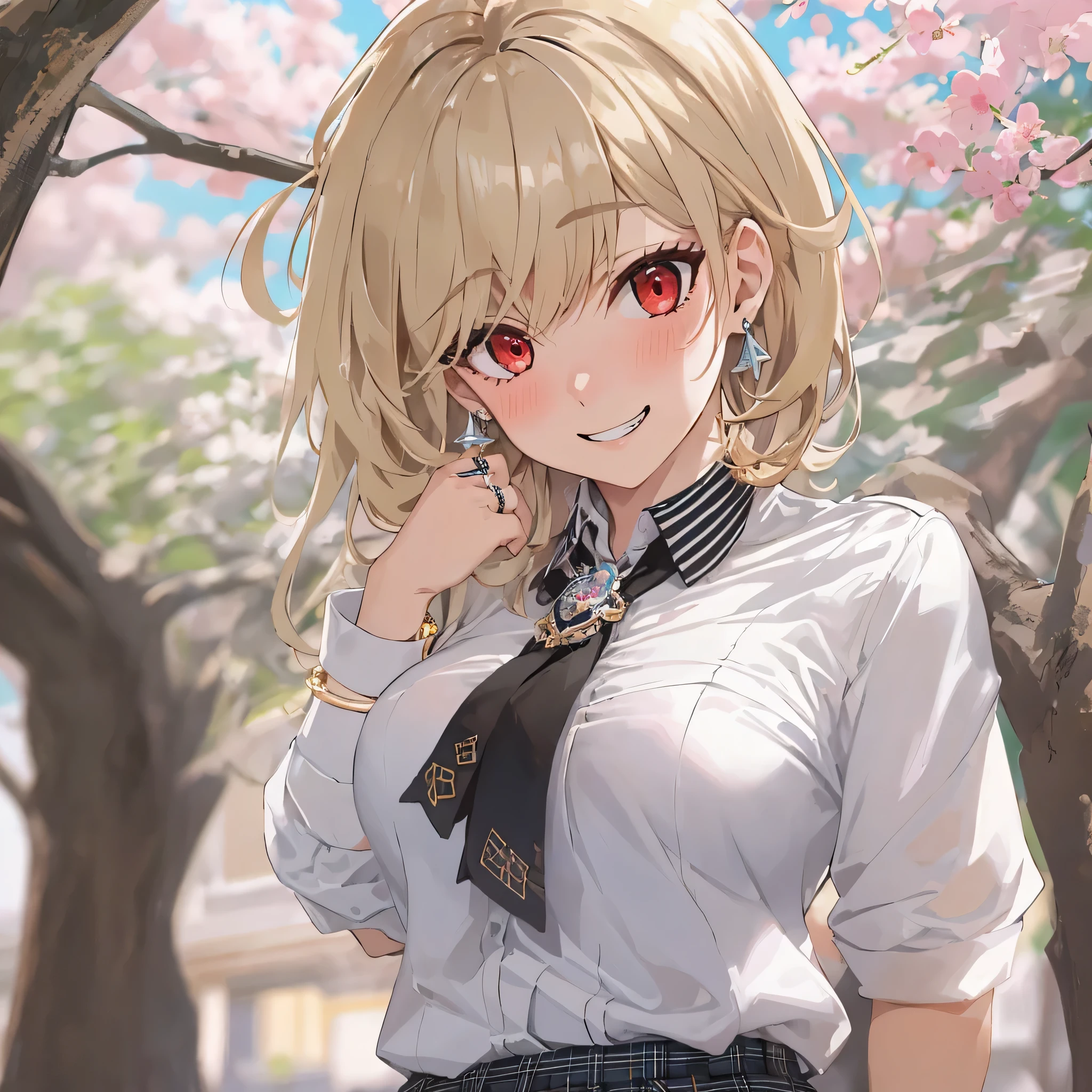 masterpiece, highest quality, Full Body, 1 Girl, bangs, black choker, black tie, Blonde Hair, blue skirt, blush, bracelet, chest, choker, clothes The surrounding area waist, clavicle, collared shirt, Cowboy Shot, dress shirt, ear Earrings, Eyebrows visible through hair, Gradient Hair, Grin, Improve, jewelry, Kogal, Long Hair, Watching the audience, loose tie, tie, Earrings, Plaid, Plaid skirt, pleated skirt, Red eyes, ring, , shirt, skirt, smile, alone, white shirt, street, null, cherry blossoms, petal, (cover-style:1.3), fashionable, woman, Vibrant, clothing, Strike a Pose, front, colorful, dynamic, background, element, With confidence, Performance, Holding, statement, accessories, Majestic, Coiled, The surrounding area, touch, scene, article, cover, bold, to attract attention, title, stylish, font, Catchy, Heading,trend, concentrated, fashion,