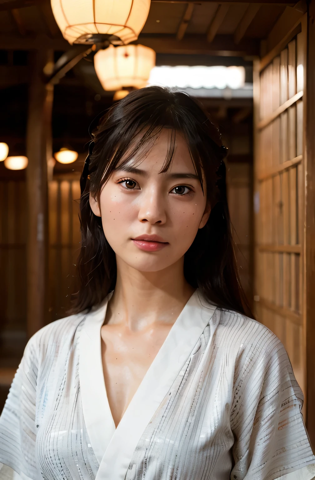 Highly detailed CG Unity 8k wallpaper, highest quality, masterpiece, (Realistic, photorealistic:1.4), ultra high res, (A beautiful Japanese Mature Woman in a Yukata with Monotone vertical stripes, solo), Inside a room in an old-fashioned Japanese onsen ryokan, medium shot, Perfect feminine figure, Fascinating milf, Amazing beautiful face, bewitching Goddess, parted lips, glossy sweaty skin, cinematic composition, professional moody lighting and shading, (extremely detailed eyes and face, eyes with beautiful details, insanely detailed beautiful realistic skin texture), (correct body balance, accurate hands, accurate eyes)