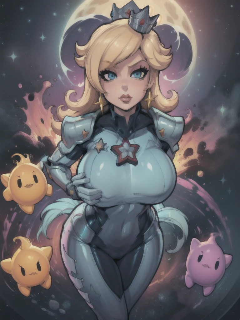 a milf rosalina in a space suit with a star on her chest, star guardian inspired, portrait of a curvy female anime hero, outlined!!!, line art!!, female protagonist, concept art!!, detailed fanart, body suit armor girl, 