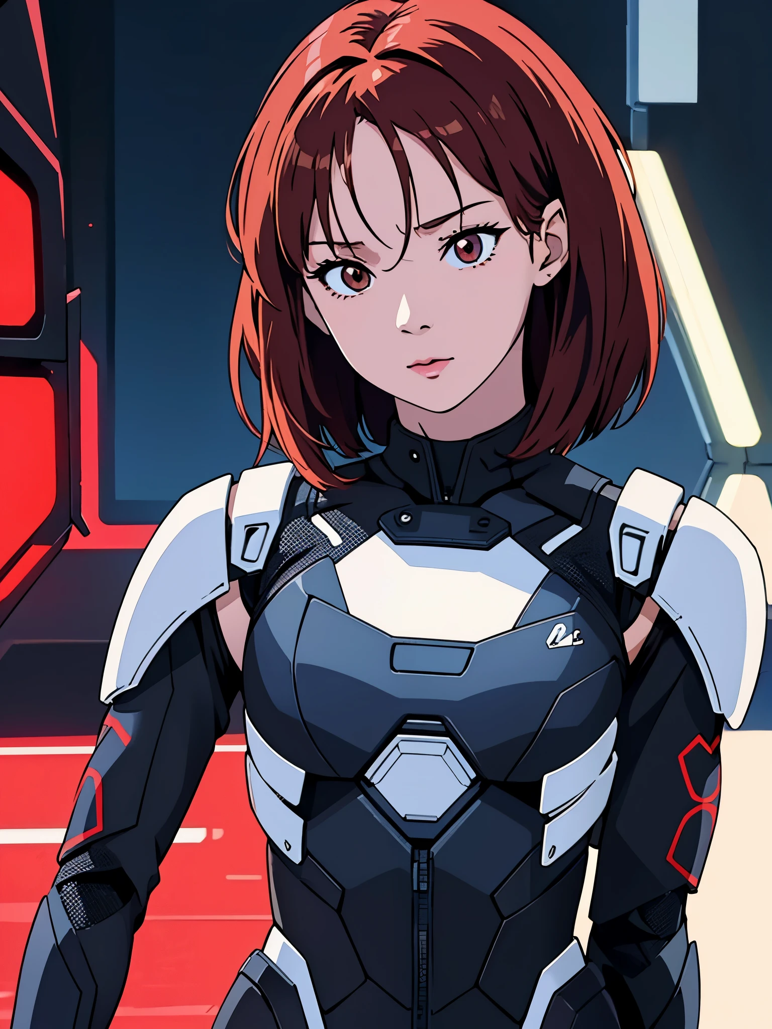 digital art drawing, illustration of (Winter from k-pop group aespa, short red hair with bangs, brown eyes, flat chest, cyborg girl, android, droid, mechanical fusion, exoskeleton, metal robotic arms, evil look, wires and cables connecting to the head, neon details, cyberpunk 2077), anime drawing/art, bold linework, illustration, digital art, masterpiece, flat illustration, no shadows, 8k resolution, high detail, vector art, only anime, perfect eyes, perfect hands, perfect fingers, sharpness, high clarity, medium shot, high fidelity
