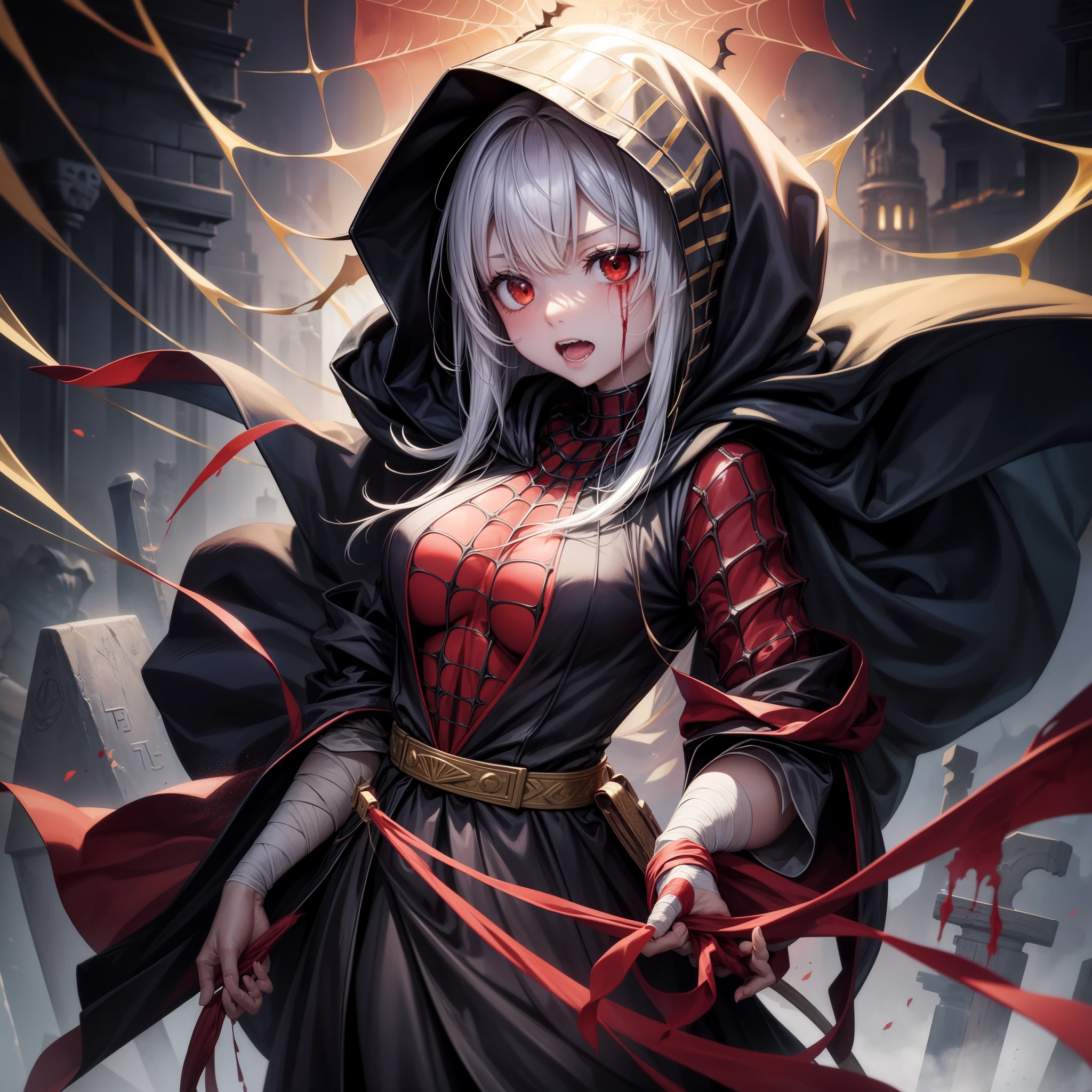 A woman in a black dress with a red cape and a hood - SeaArt AI