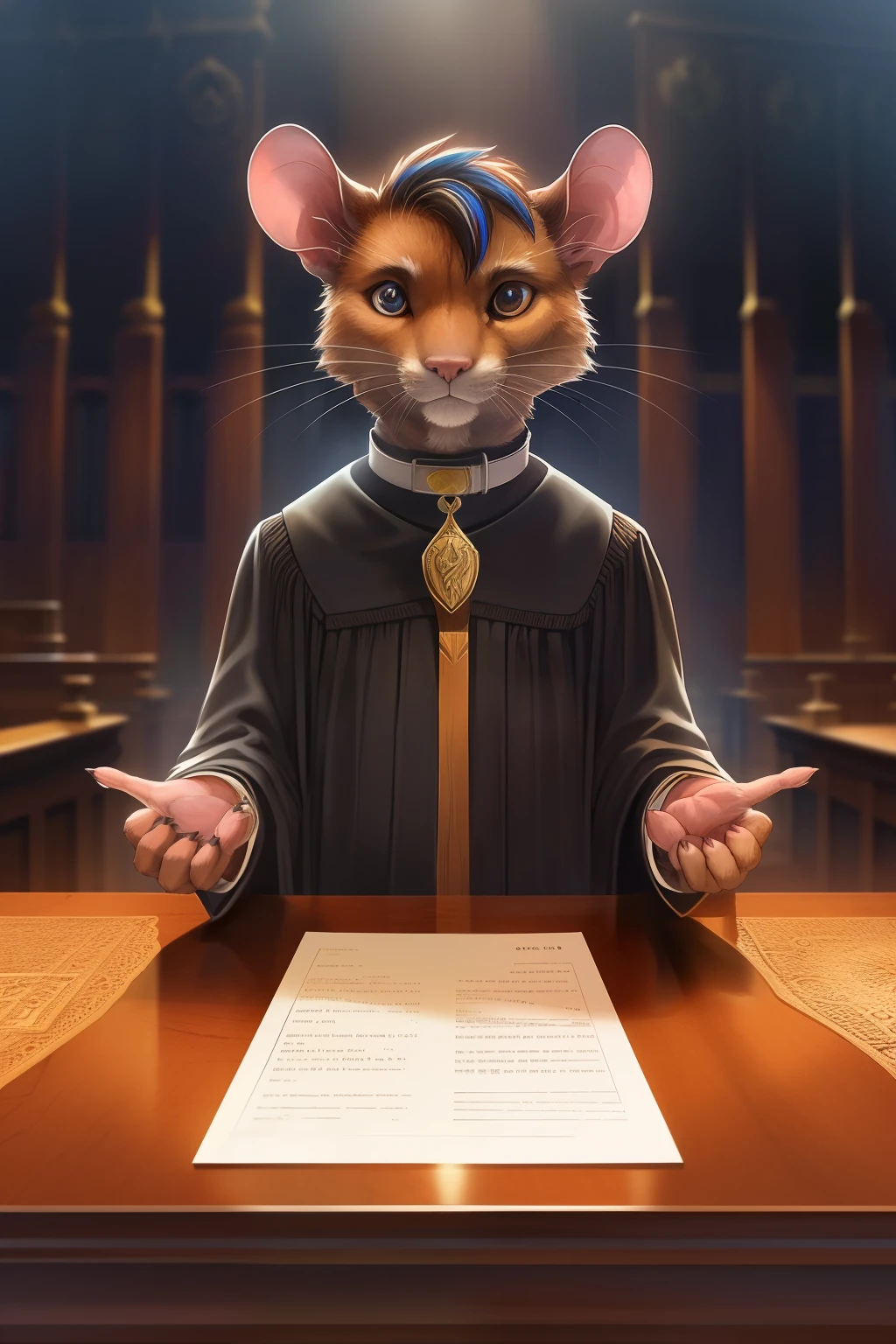 Solo, male, rat, black robe, im courtroom, ((evocative lighting highlighting the rat's features)), ((detailed fur texture and highlights on the robe)), ((realistic proportions of the rat, including whiskers and pointed snout)), ((standing, exuding confidence and gravity in the courtroom setting)), (_ Looking directly at the viewer with sharp, intelligent eyes, sometimes narrowed in concentration _), brown fur, white collar, quills running along the back, determined expression, judge's gavel on the table beside him, legal documents spread before him, (_ intricately drawn textures and folds on the documents _), absent-minded twitching of a paw,