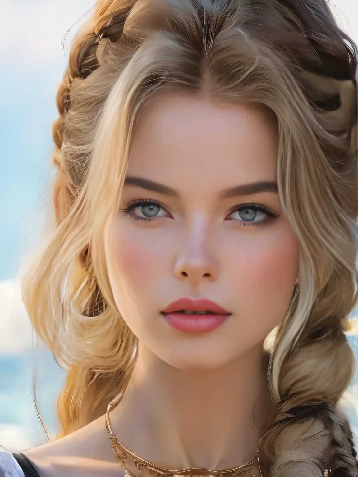 1girl, belviso, grey eyes, white hair, ocean background, lips, long hair, looking at viewer, parted lips, portrait, realistic, solo, many braids, medium breast, necklace, jewelry, masterpiece,high quality, 8k, hires, perfect eyes, perfect face, perfect body, perfect curves, high detailed