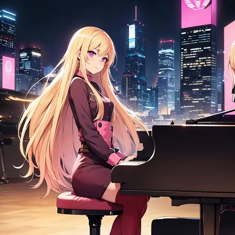 1 girl, blonde, pink eyes, very long hair, long sleeve, ((masterpiece)), (highest quality), eve,  (whole body), city of night，ov...