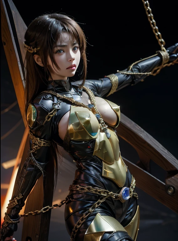 1 girl、Big Breasts、slim、perfect ratio、（Spread your hands horizontally）、Christ Pose、Rough skin, Very detailed, Advanced Details, high quality, 最high quality, High resolution, 1080p, hard disk, gorgeous beauty,(kamenrider555),(female rider),Bodysuits,Combat Uniform,Torn、Big Breastsが見える、Beautiful nipples、Transformation Belt,battle mode,Metal,Transform into Kamen Rider,Bondage with chains、View your viewers、slave、Round 1、BDSM、Big Breasts、Beautiful nipples