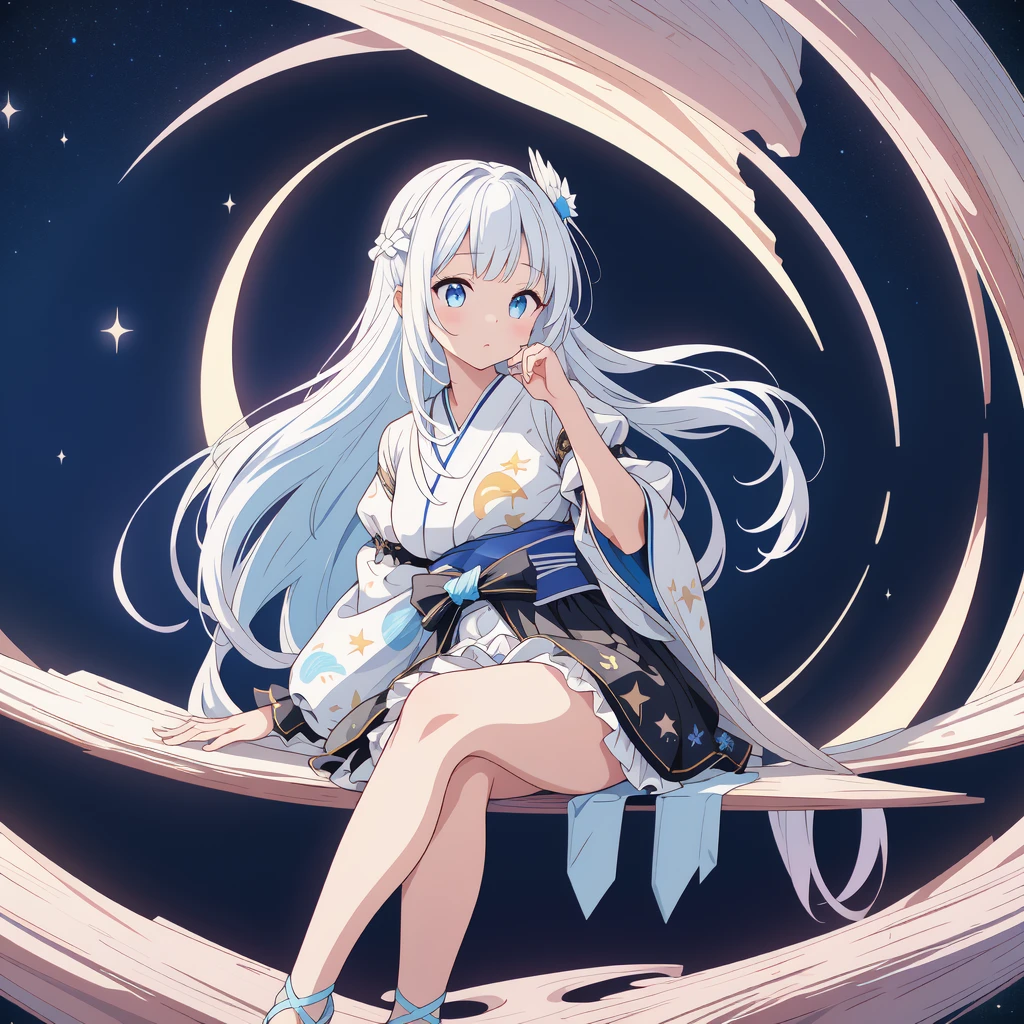 sitting on the crescent moon、(masterpiece, best quality), 1girl,  1girl、vtuber-fullbody、Star Fairy、「A beautifully printed galaxy patterned kimono and gothic lolita outfit.、Space pattern box pleated mini skirt with ruffles、Front full body portrait、Captivating eyes、Perfect and stunning face、Exquisite details、Clear images、highest quality。」Milky white and light blue gradient straight long hair、