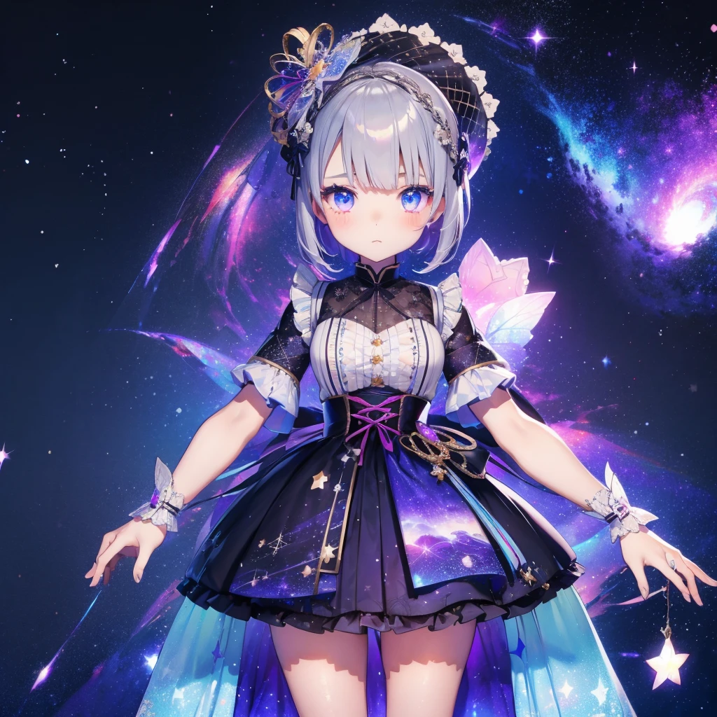 1女孩、vtuber-fullbody、星仙子、「印有美丽星系图案的和服和哥特式洛丽塔服装.、带荷叶边的太空图案箱形褶皱迷你裙、正面全身像、迷人的眼睛、完美而惊艳的脸庞、精致细节、清晰的图像、最好的质量。」短发、