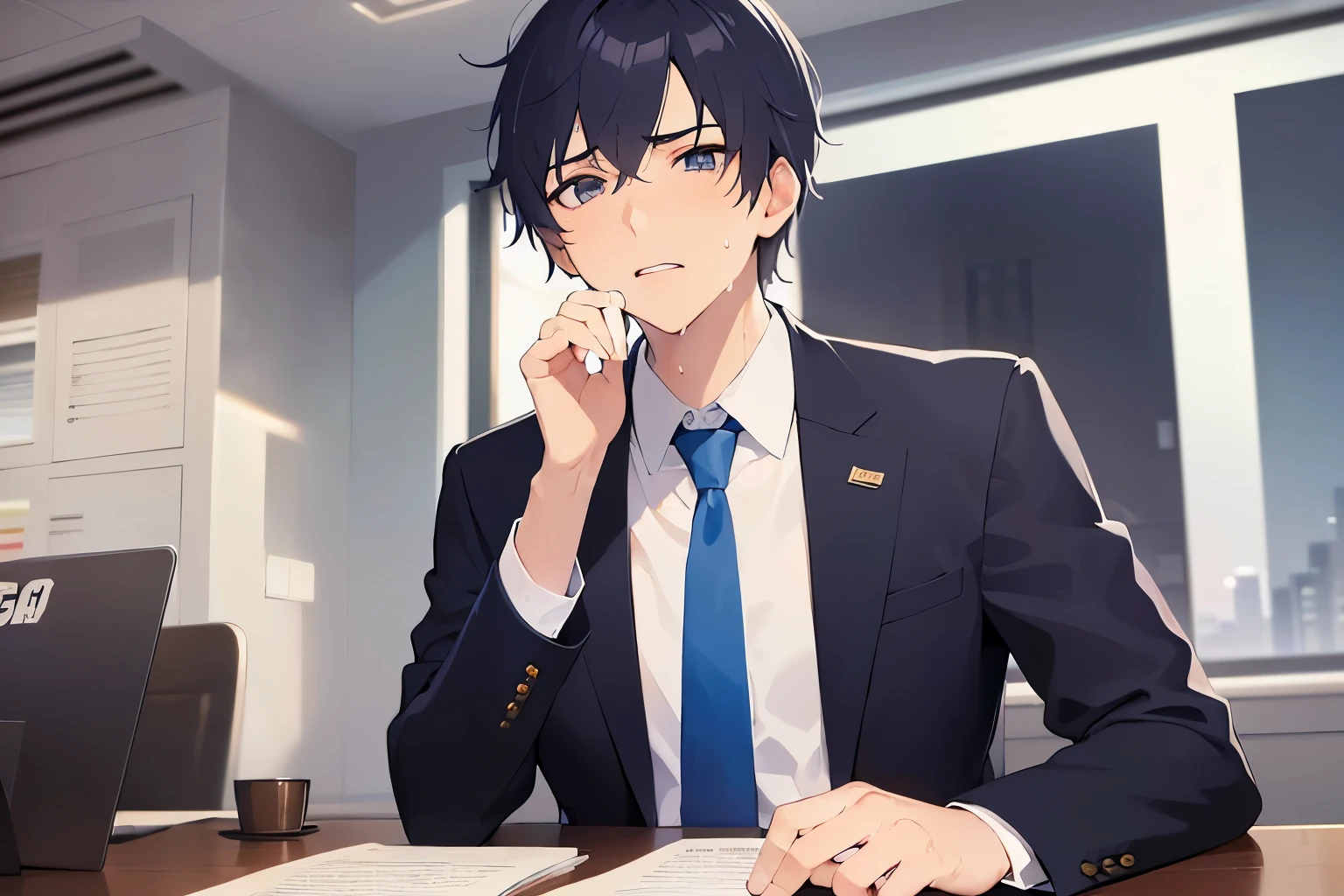raising hands, Biologically correct five fingers、Upper body, masterpiece、highest quality、Alone、(25-year-old male:1.5) and (Black short hair) and (blue eyes), (business suit:1.5) and (Blue tie)、Sitting、(confused, Sweat:1.5), The background is the office、document、desk