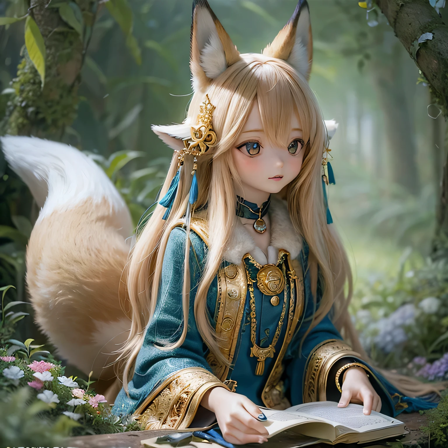 A girl with fox ears, fox tail, chibi style: sharp, cute, vibrant colors, anime style, playful, detailed eyes and lips, fluffy fur, mischievous expression, dynamic pose, in a forest, sunlight filtering through the trees, leaves rustling in the wind, magical atmosphere, soft lighting, enchanting ambiance, swirling leaves, blurred background, ethereal feeling, storybook illustration, high-quality artwork, exquisite details, vivid and realistic, fine brush strokes, whimsical fantasy.bushy tail