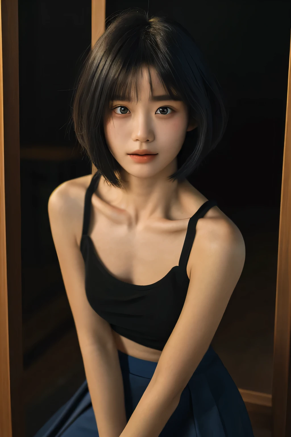 ((best quality，masterpiece:1.3))，sharp:1.2，Perfect body beauty:1.4，((Layered Hairstyle))、(Black long skirt:1.1)，(darkroom:1.2)，Highly detailed face and skin texture，Exquisite eyes，(clavicle:1.3)，Double eyelids，((short hair))，childish，Sunset Beach，rest，close up，Shoot upward at 45 degrees，