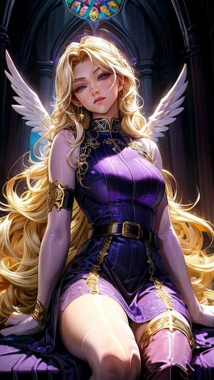 best quality, 8k,glorious angel, female, beautiful and detailed face, blonde curly long hair,big eyelashes,big angel´s wings,loo...