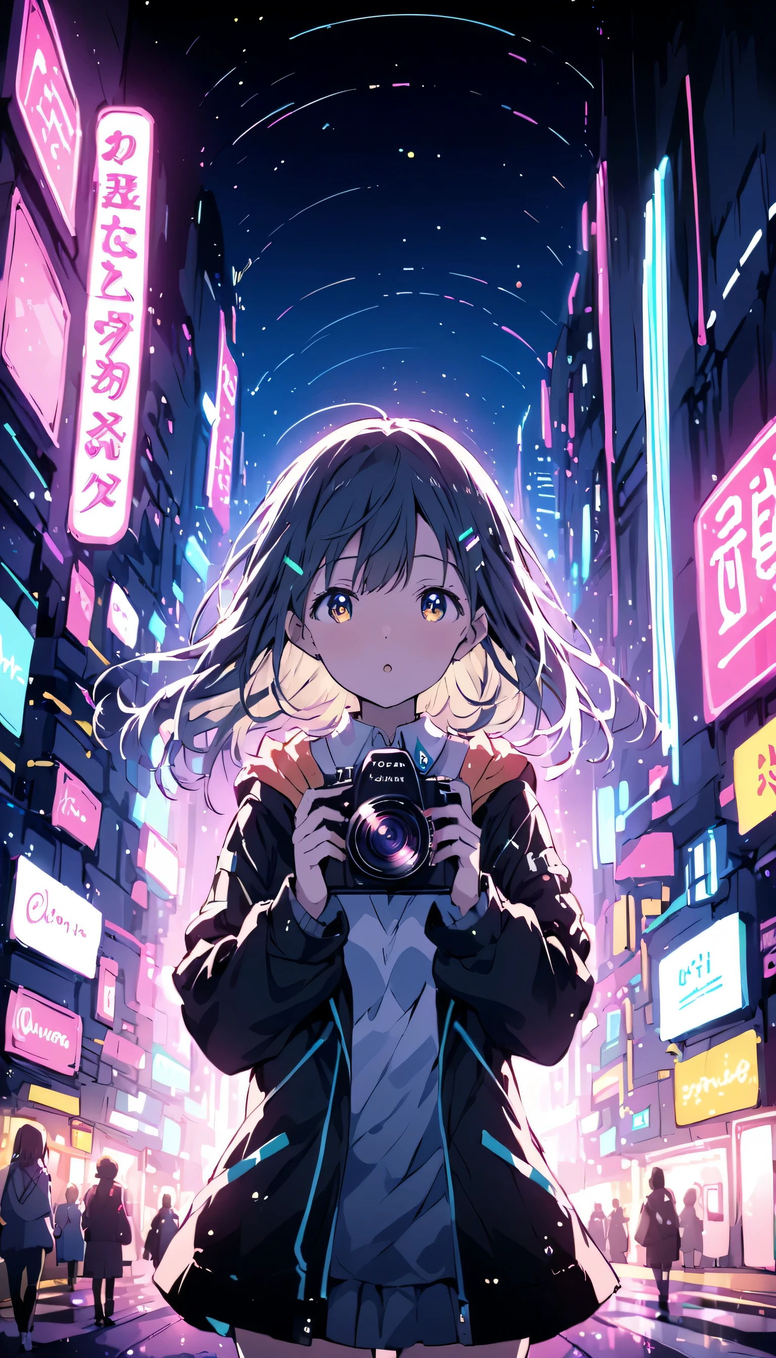 Foto de perfil colorida de uma personagem feminina estilo anime. anime「Meu filho favorito」tem características claramente diferentes. O cenário é uma cidade futurista iluminada por luzes de néon. O ambiente é estimulante e aventureiro. As configurações da câmera são、Uma câmera digital com configuração ISO baixa. Esta lente é uma lente zoom de abertura média.. Os designs dos personagens foram inspirados por ilustradores japoneses e fãs de anime., Akiko Sterrenberger, Fotografado por Makoto Shinkai, seu nome。diretor da