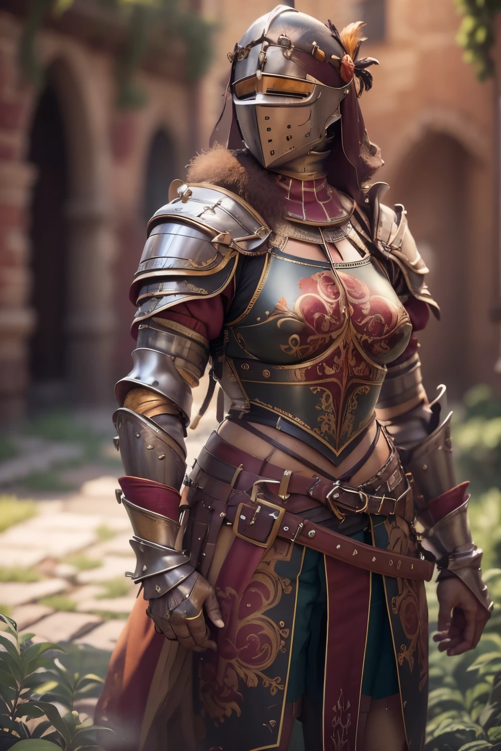 Beautiful alluring female knight, oiled skin, muscular toned body, bare chest, erect nipples, Pubic hair, hairy vagina, unshaven pubis, partial knight armor, Cloak, medieval culture, spear and shield in hands,in a knight&#39;s helmet with an open face, on a sun-drenched medieval street, Fantasy Theme Fiverr Dnd Character, Octane render, digital art, Extreme detail, 4k, ultra HD, polished, Beautiful, hyper-detailed, difficult, Develop, meticulous, photorealistic, sharp focus, VLP, Character design, Unreal engine, 3d rendering, volumetric lighting, reflections, glossy, digital illustration, sensual pose, Suggestive pose, obscene, Full body shot, Anatomically correct 💖❤💕💋❣