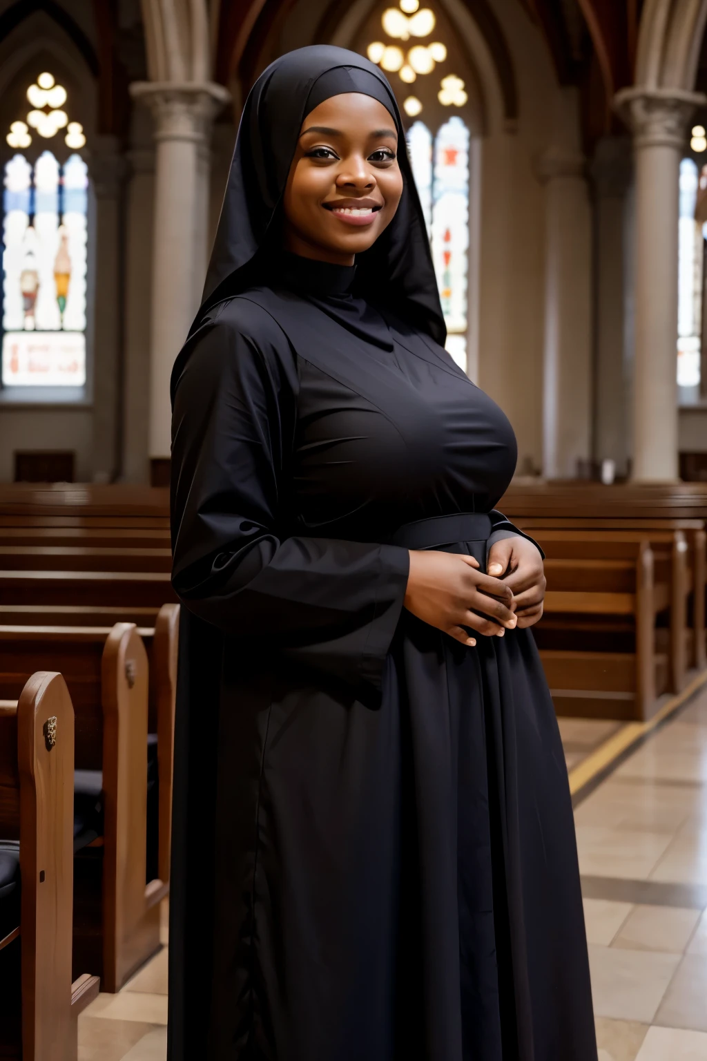 A woman in a black nun dress standing in a church - SeaArt AI