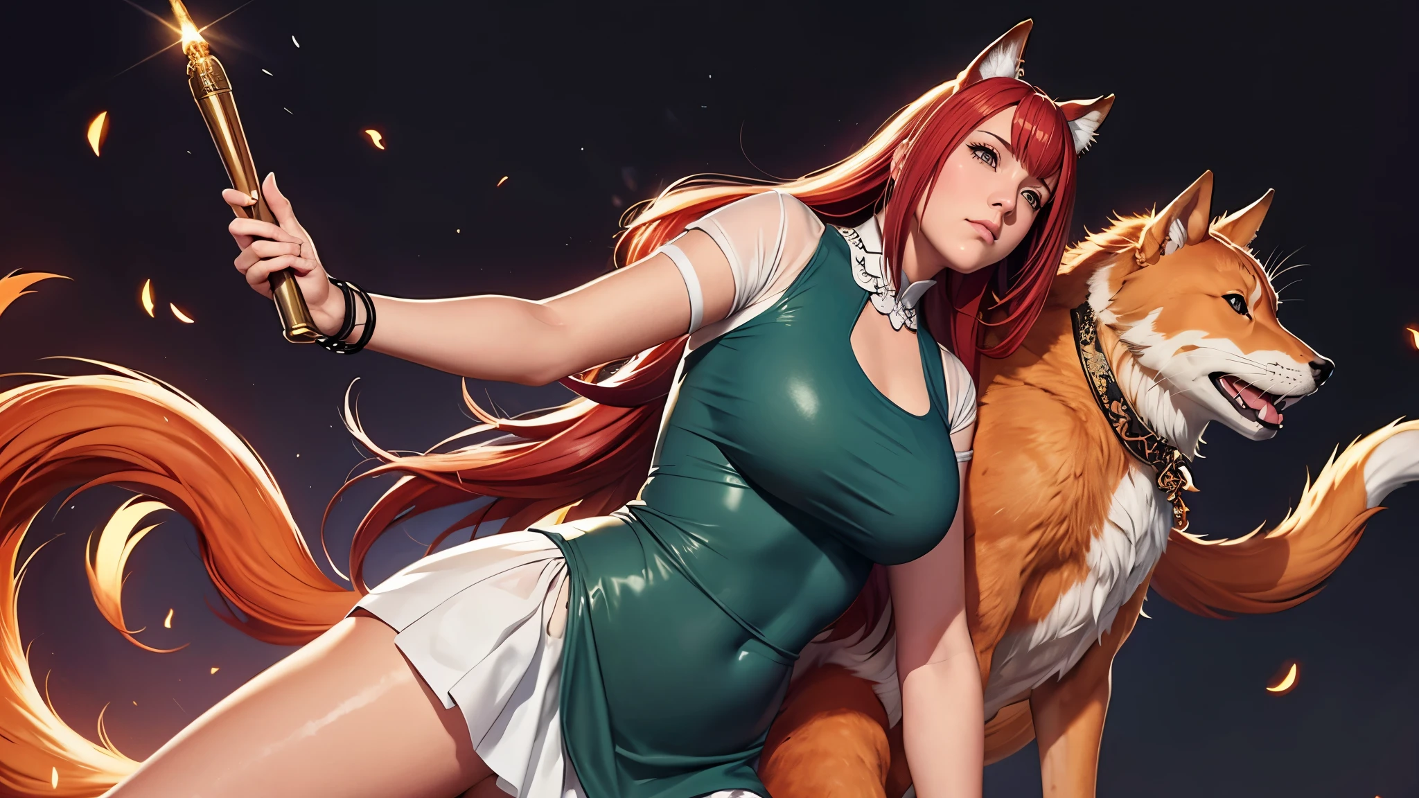 （（（Perfect figure，figure，（（（A giant fox stands behind a woman，White skin，kurama,Pommeled Horse, abdominal muscles, red eyes, animal ears, body hair, colored sclera, fox ears, fox girl, fox tail, hairy, hairy female, fox, multiple tails, muscular, navel, orange fur, permanent, tail, tone, （（（shirt, dress, short sleeves, apron, bracelet, green apron, collar,））），））），（（（kushina, long hair, hair ornament, red hair, hairclip, (grey eyes:1.5), ））），((masterpiece)),high resolution, ((Best quality at best))，masterpiece，quality，Best quality，（（（ Exquisite facial features，Looking at the audience,There is light in the eyes，(（（Pain, patience, biting lips））)，））），型figure:1.7））），（（（Light and shadow，Huge breasts））），（（（Looking at the camera，black background，after sex, How, lying, Howdrip, is, on stomach, on back, fucked silly, sweat, How pool, bukkake, trembling）））