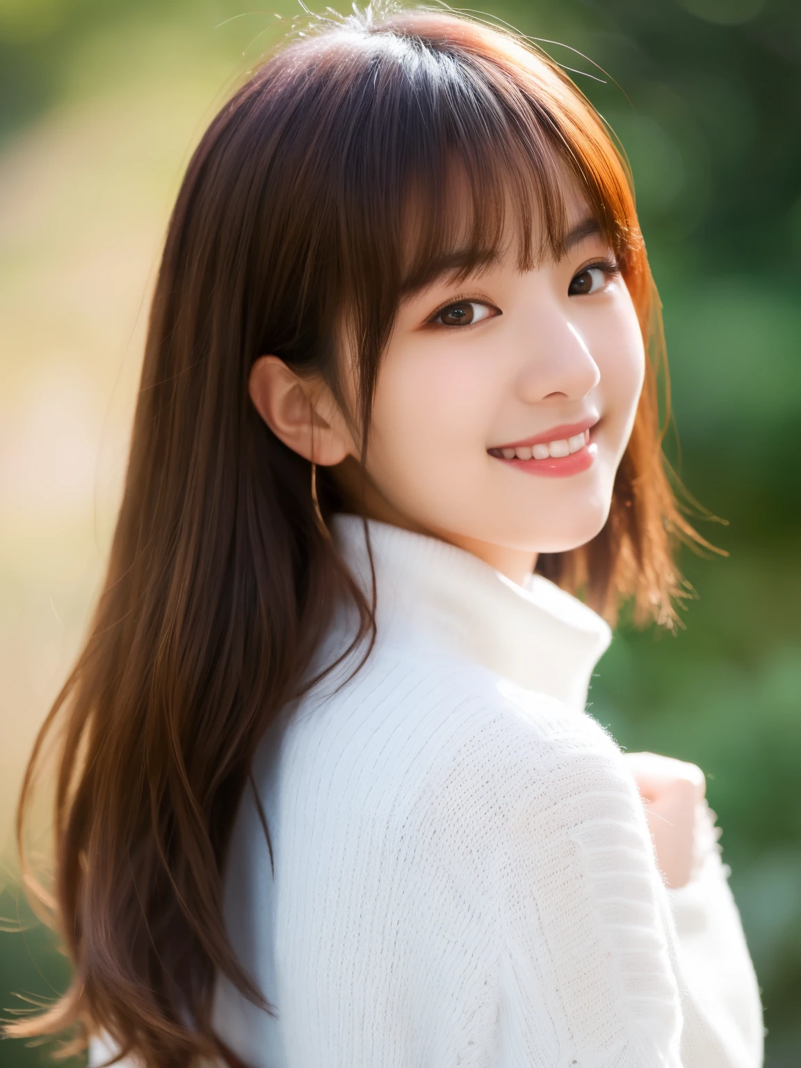 ulzzang-6500-v1.1,(masterpiece, highest quality:1.3), (Ultra-detailed 8K:1.2), (hyperrealistic:1.35),(Raw photo:1.2),highest quality, High resolution, wallpaper, realistic 
BREAK
product quality, 1 girl,  (full shot:1.5), front view, a Japanese beautiful girl, long bob hair,smile, wearing a white turtleneck sweater, carrying a shoulder bag over her shoulder, hyper cute face, glossy lips, natural makeup, shiny smooth light brown hair of long bob hair, asymmetrical bangs, detailed hairstyle, detailed face, cinematic lighting, octane rendering,perfect limbs, perfect anatomy