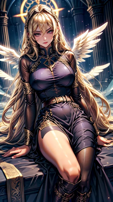 Best quality, 8K,glorious angel, female, beautiful and detailed face, blonde curly long hair,big eyelashes,big angel´s wings,LOO...