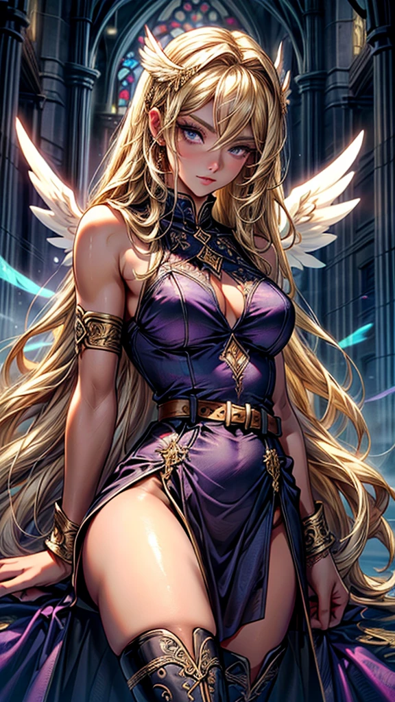 Best quality, 8K,glorious angel, female, beautiful and detailed face, blonde curly long hair,big eyelashes,big angel´s wings,LOOKING TO observer,dark purple dress embroided with gold details,bodystocking,armlets,black belt,over the knee boots,iluminate cathedral scenario, DYNAMIC ANGLE