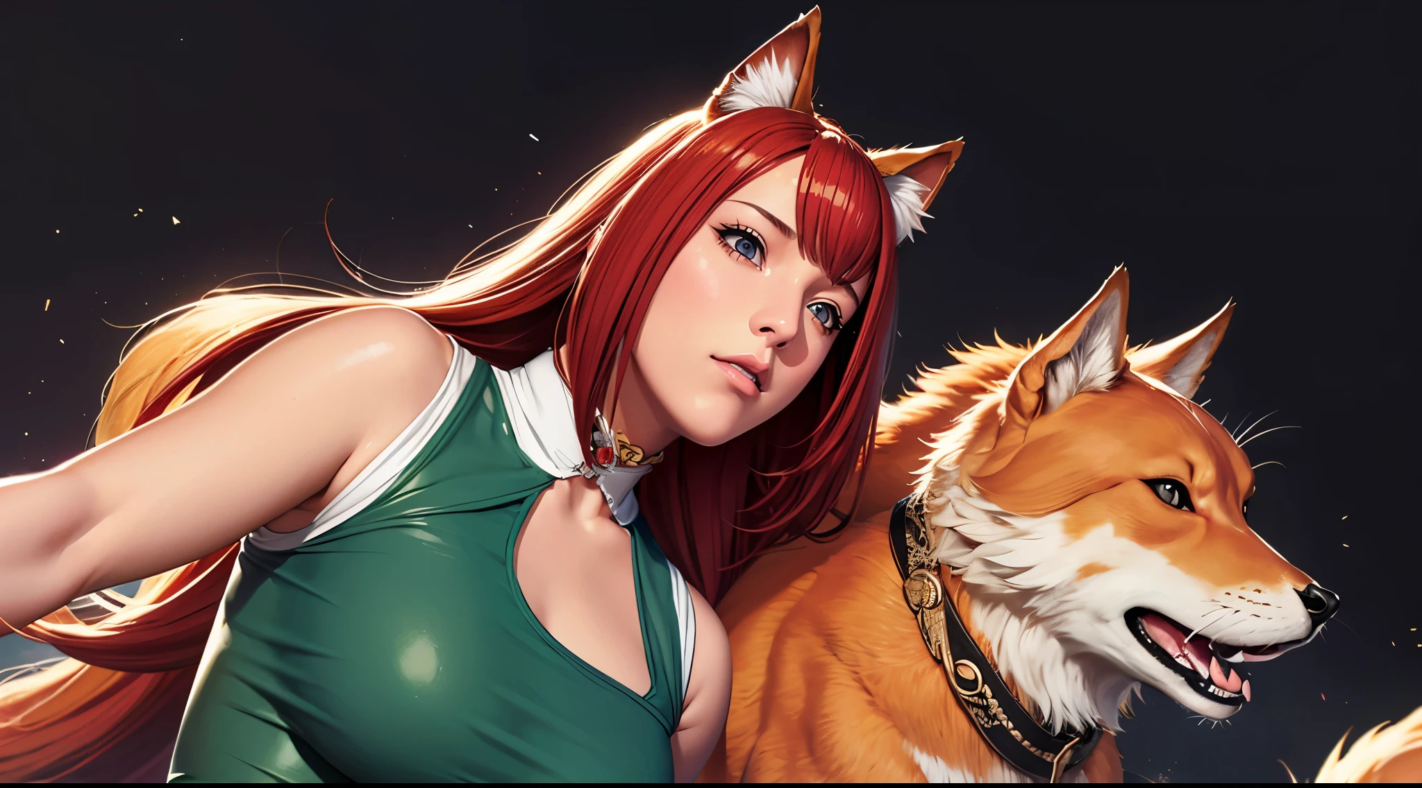 （（（Perfect figure，figure，（（（A giant fox stands behind a woman，White skin，kurama,Pommeled Horse, abdominal muscles, red eyes, animal ears, body hair, colored sclera, fox ears, fox girl, fox tail, hairy, hairy female, fox, multiple tails, muscular, navel, orange fur, permanent, tail, tone, （（（shirt, dress, short sleeves, apron, bracelet, green apron, collar,））），））），（（（kushina, long hair, hair ornament, red hair, hairclip, (grey eyes:1.5), ））），((masterpiece)),high resolution, ((Best quality at best))，masterpiece，quality，Best quality，（（（ Exquisite facial features，Looking at the audience,There is light in the eyes，(（（Pain, patience, biting lips））)，））），型figure:1.7））），（（（Light and shadow，Huge breasts））），（（（Looking at the camera， fellatio, huge breasts, Huge penis, pose under_covers）））