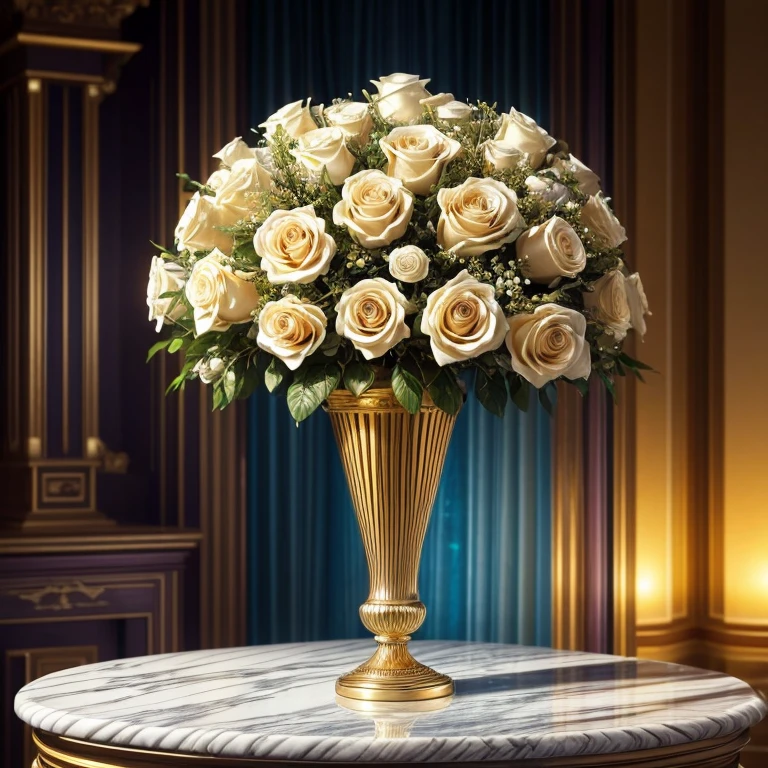 Masterpiece，highest quality，there are 12 white roses in a marble and jewel studded gold vase, Beautiful ring, Sparkling gemstones, Ultra detailed，(No Man),Ring in the shape of a rose，starry sky，Wrapped around the end from beginning to end，Delicate gold ring，Starry sky in the ring, The sheen，inverted image，Sparkling gemstones，Elegant and noble,simple background, (masterpiece, best quality:1.2), sun on a pedestal. in keywest at sunset, on a beach, oranges on a white marble table, mist in background, 8k, photography style,a clear glass jewel studded vase with orange bioluminescent fluid in them, on a white marble table, jewels of red rubies and emeralds on the table, deep purple velvet drapes, bioluminescent, colorfull, glow, fluid, glowing, Appetizing, professional, culinary, high-resolution, commercial, highly detailed,neon hue, full of color, there are 12 white roses in a marble and gold vase, sun lite background, radiant sunlight, 8k