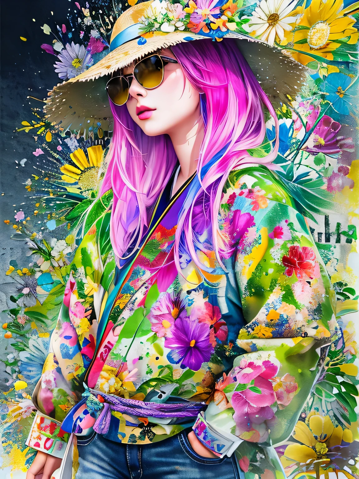 8K quality, watercolor painting, stylish design, (((The strongest beautiful girl of all time))), (((Japanese)))、Idol、clear, Stylish sunglasses, Fashionable hats, (((highest quality))), bob hair, HDR, ((Detailed details)), stylish fashion, detailed clothing texture, (((graffiti art))), colorful hair, ((masterpiece))、((Super detailed))、(((colorful flowers)))