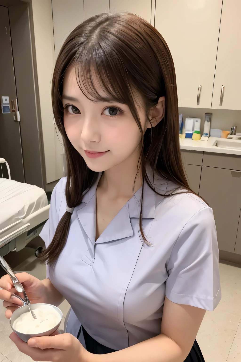 (１girl)、(Japanese、2、Refreshing、clear、seems kind、stylish、(narrow eyes)、Pitiful、cute like an angel、cute、black eyes、Idol,actress,）, Good style and slenderness, (Beautiful big breasts:0.7),(soft breasts),(very cute),(brown hair),,（tendrils）,(medium long hair),(enchanting eyes),(highlight on eyes:1.2)、(8K、Live shooting、highest quality、masterpiece:1.2、optimal lighting)、((masterpiece)),(Photo taken by a professional photographer),(real、photo real:1.4),break,{ (white nurse costume),(((taraditional nurse uniform))),(white nurse mini skirt),(( pantyhose)),(cleavage:0.7)},(Smile1.0),(cheeks are red:1.2)、,((He is holding a stainless steel spoon with a small amount of hospital food on it.))、Face close-up:1.3,Looking at viewer break, break,Hospital room,Hospital bed,