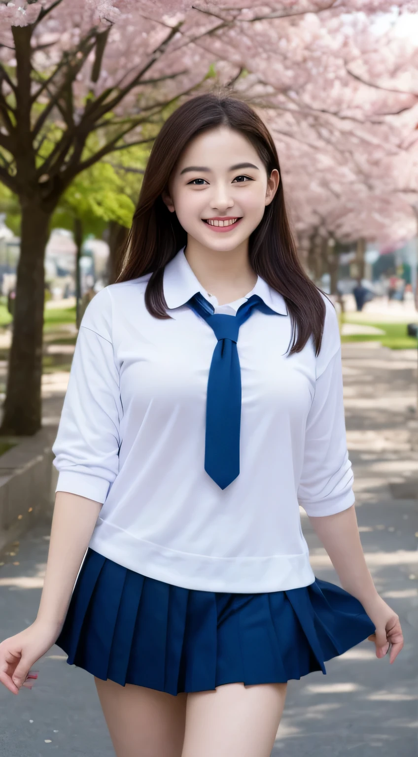 Ultra HD、A large park with cherry blossoms falling、White polo shirt、high school girl、Cool smile、Big Breasts