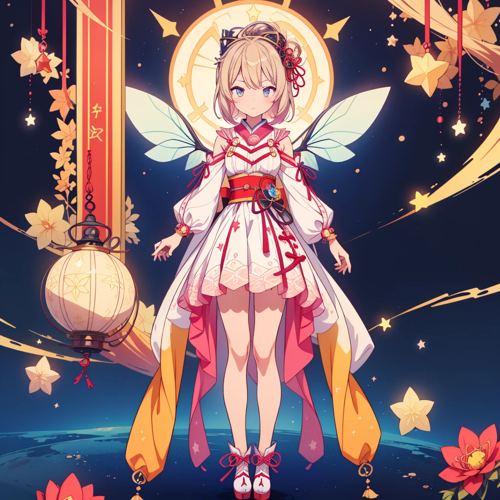 1girl、vtuber-fullbody、Star Fairy、Masterpiece、Official Art、Super detailed、super beautiful、かわいいStar Fairy、white straight short hair、Milky Way、universe、star charm、Star、Baby Face、Knee-high boots、Japanese pattern dress、着物をリメイクしたOiranフリルゴスロリ、universeを表現したMilky Way柄Oiranフリルドレス、Oiran