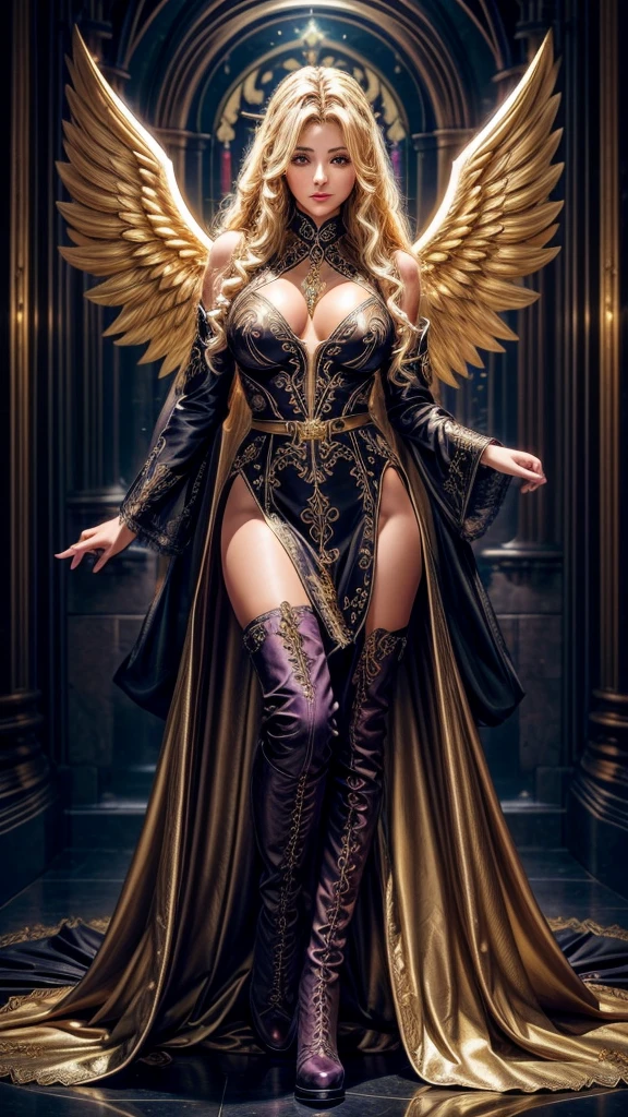 Best quality, 8K,glorious angel, female, beautiful and detailed face, blonde curly long hair,big eyelashes,big angel´s wings,LOOKING TO observer,dark purple dress embroided with gold details,bodystocking,armlets,black belt,over the knee boots,iluminate cathedral scenario, DYNAMIC ANGLE