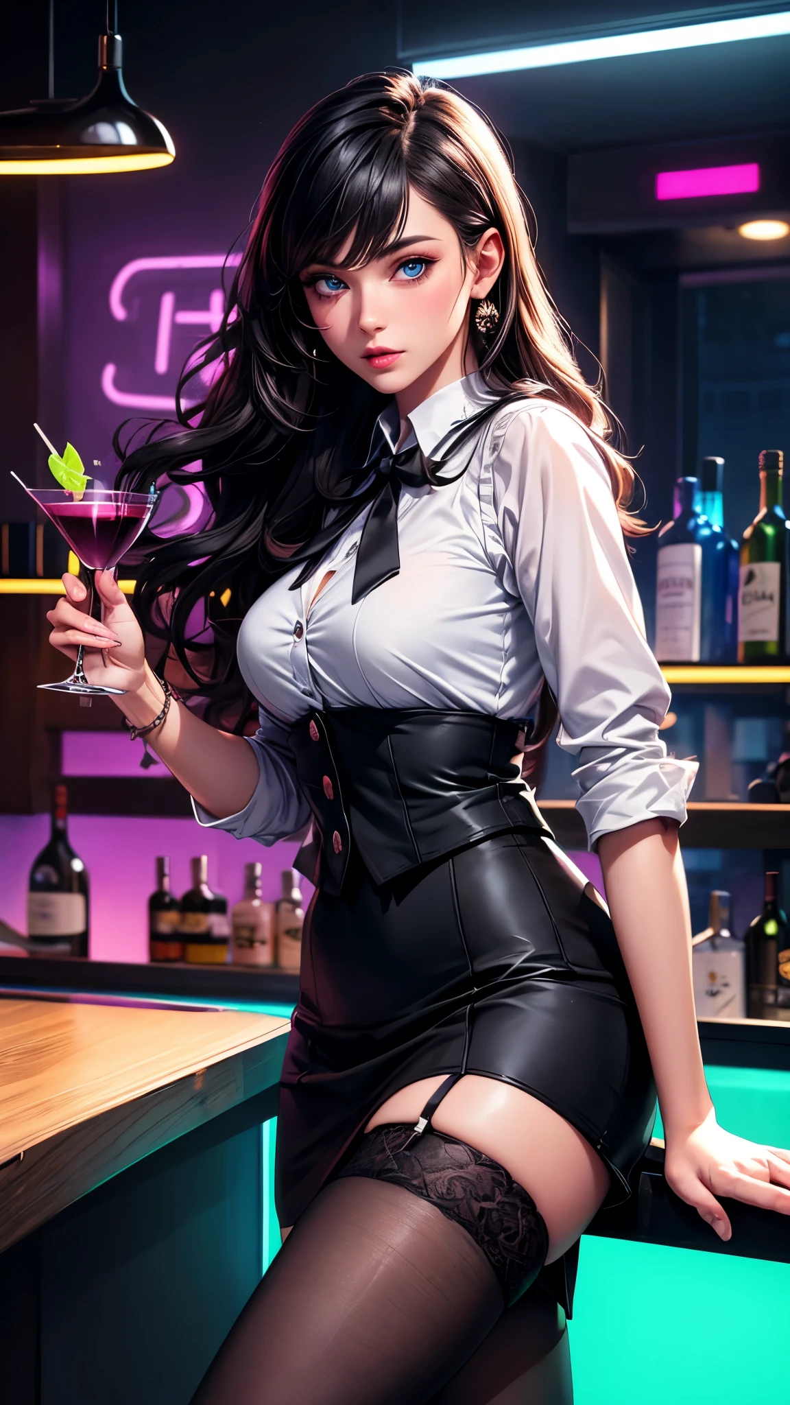 a lady, permanent, bartender, ((Black vest with white shirt) black tie), (black skirt with black lace stockings high heels), Stylish clothing, adult, Sexy, black hair, very long wavy hair, half updo half up half down, shine blue eyes, long upper eyelashes, most detailed eyes, light makeup, seductive expression eyes, (seductive smile:0.8), (Masterpiece best quality:1.2) Exquisite illustrations and super detailed, Medium breast, detailed face, high quality hair, super detailed finger, BREAK, ((Colorful neon lights:1.37) hang on the wall), (Neon tube:1.37), glowing, rest, (Fashion bar:1.2), indoors, ((cocktail glass) Filled with colorful wine), (The room is dimly lit), wine bottle, Art Deco, Detailed background, BREAK, Super textured skin, super detail face, perfect face, Super fine facial details, beautiful and delicate eyes, perfect eyes, correct limbs, (correct finger), super detail finger, best hair quality, best clothing quality, best prop quality, best backgroud detail and quality, anatomically correct, best quality, highres, award winning