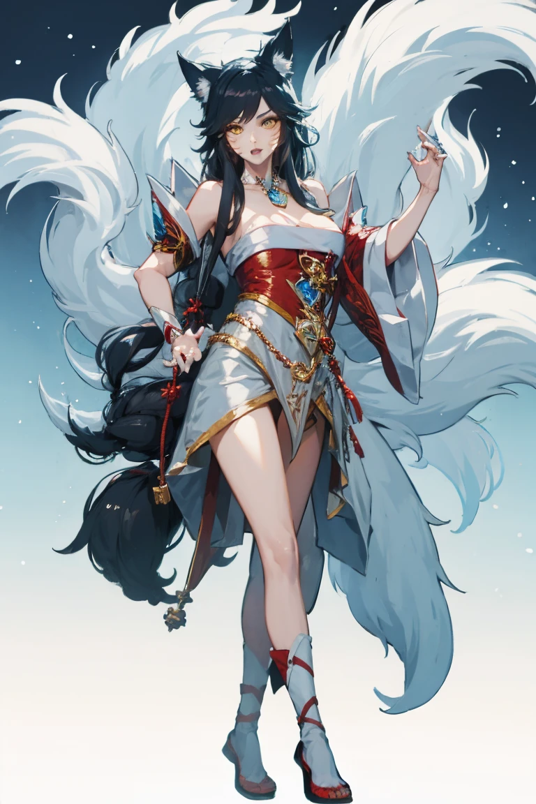 1 fille rondelette, PEINTURE CORPS ENTIER DEBOUT, seulement, oreille de renard, queues de renard, Magnifique robe blanche, Ou, Civette League of Legends,