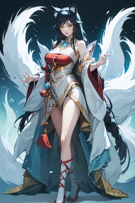 1 plump girl, Full body standing painting, solo, fox ear, fox tails, Gorgeous white dress, Ali, Civet League of Legends,