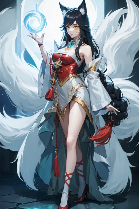 1 plump girl, Full body standing painting, solo, fox ear, fox tails, Gorgeous white dress, Ali, Civet League of Legends,