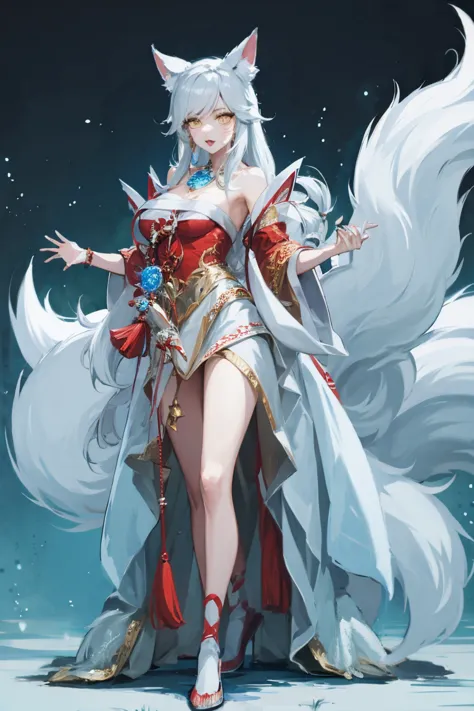 1 plump girl, Full body standing painting, solo, fox ear, fox tails, Gorgeous white dress, Ali, Civet League of Legends,