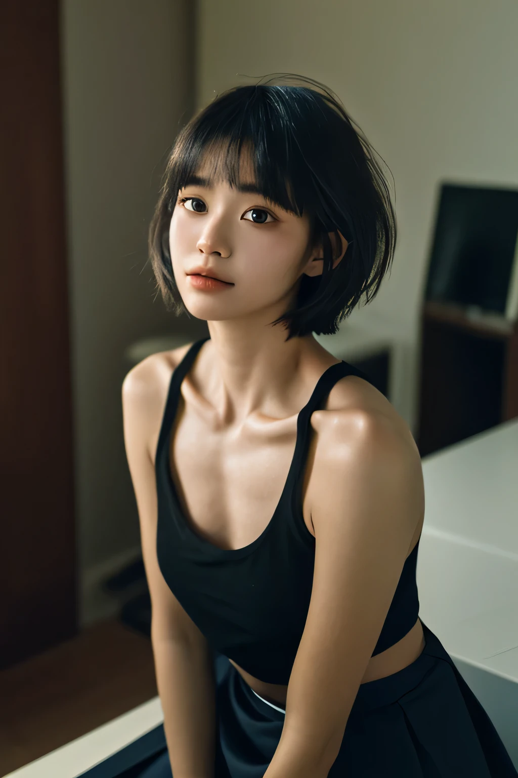 ((best quality，masterpiece:1.3))，sharp:1.2，Perfect body beauty:1.4，((Layered Hairstyle))、(Black long skirt:1.1)，(darkroom:1.2)，Highly detailed face and skin texture，Exquisite eyes，(clavicle:1.3)，Double eyelids，((short hair))，childish，Sunset Beach，rest，close up，Shoot upward at 45 degrees，