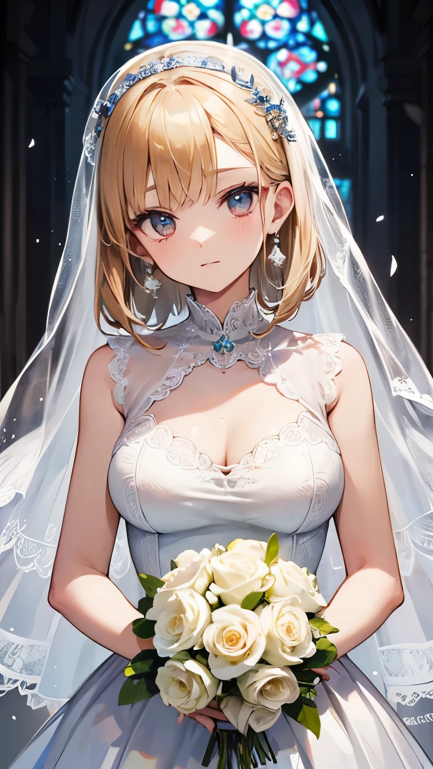 ((best quality)), ((masterpiece)), (detailed), perfect face, (best quality), (detailed skin:1.3), (intricate details), curly hair, Wedding, wedding dress, expression of joy, holding a bouquet in both hands, pure white dress, blonde hair, earrings, engagement ring, church