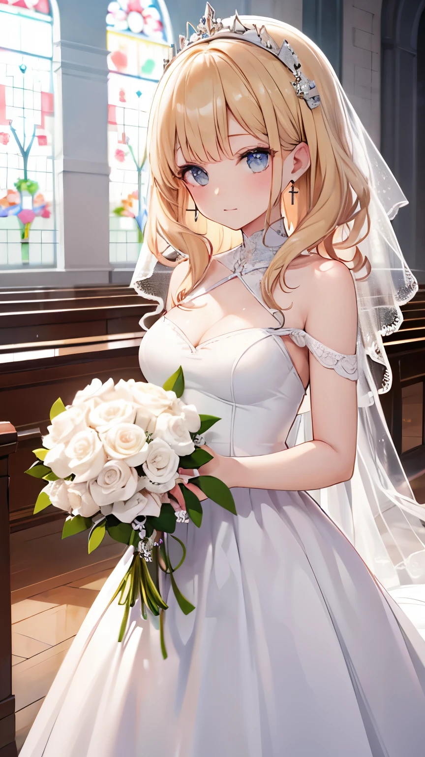 ((best quality)), ((masterpiece)), (detailed), perfect face, (best quality), (detailed skin:1.3), (intricate details), (curly hair, long hair), Wedding, wedding dress, expression of joy, holding a bouquet in both hands, pure white dress, blonde hair, earrings, engagement ring, church, standing sideways