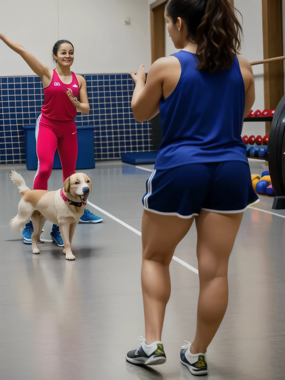 there is a woman and a dog playing with a ball, the dog is doing a ballet dance, by Amelia Peláez, with dogs, in a gym, dancing in the background, lunging at camera :4, the photo shows a large, by Samuel Silva, standing on two legs, malika favre, person in foreground, not blurry