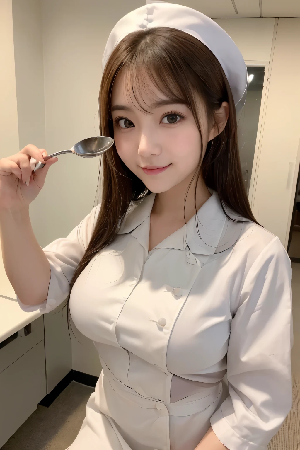 (１girl)、(Japanese、27 years old、Refreshing、clear、seems kind、stylish、(narrow eyes)、Pitiful、cute like an angel、cute、black eyes、Idol,actress,）, Good style and slenderness, (Beautiful big breasts:0.7),(soft breasts),(very cute),(brown hair),,（tendrils）,(medium long hair),(enchanting eyes),(highlight on eyes:1.2)、(8K、Live shooting、highest quality、masterpiece:1.2、optimal lighting)、((masterpiece)),(Photo taken by a professional photographer),(real、photo real:1.4),break,{ (white nurse costume),(((taraditional nurse uniform))),(white nurse mini skirt),(( pantyhose)),(cleavage:0.7)},(Smile1.0),(cheeks are red:1.2)、,((Holding a spoon with a little bit of food on it、The food is facing the viewer))、Face close-up:1.3,Looking at viewer、open mouth:1.2, break, break,Hospital room,Hospital bed,