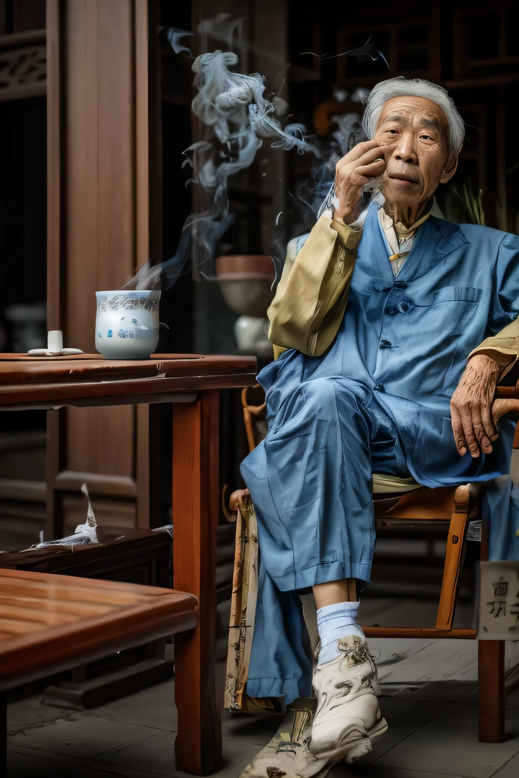 Fotografia de retrato，Um velho chinês，Vestindo roupa azul，Cigarro entre os dedos，Sentado em uma casa de chá antiga，câmera canônica，CRU,8K,trabalhar